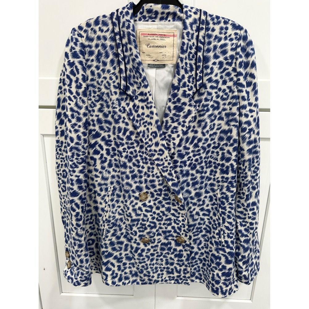 Cartonnier Sz s Leopard Print Blazer Blue Animal Print Double Breasted Jacket